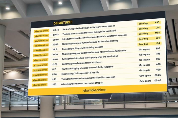 Bumble becomes 'Bumble Airlines' for a day to promote summer love plus...6 more clever airport-inspired media campaigns.
